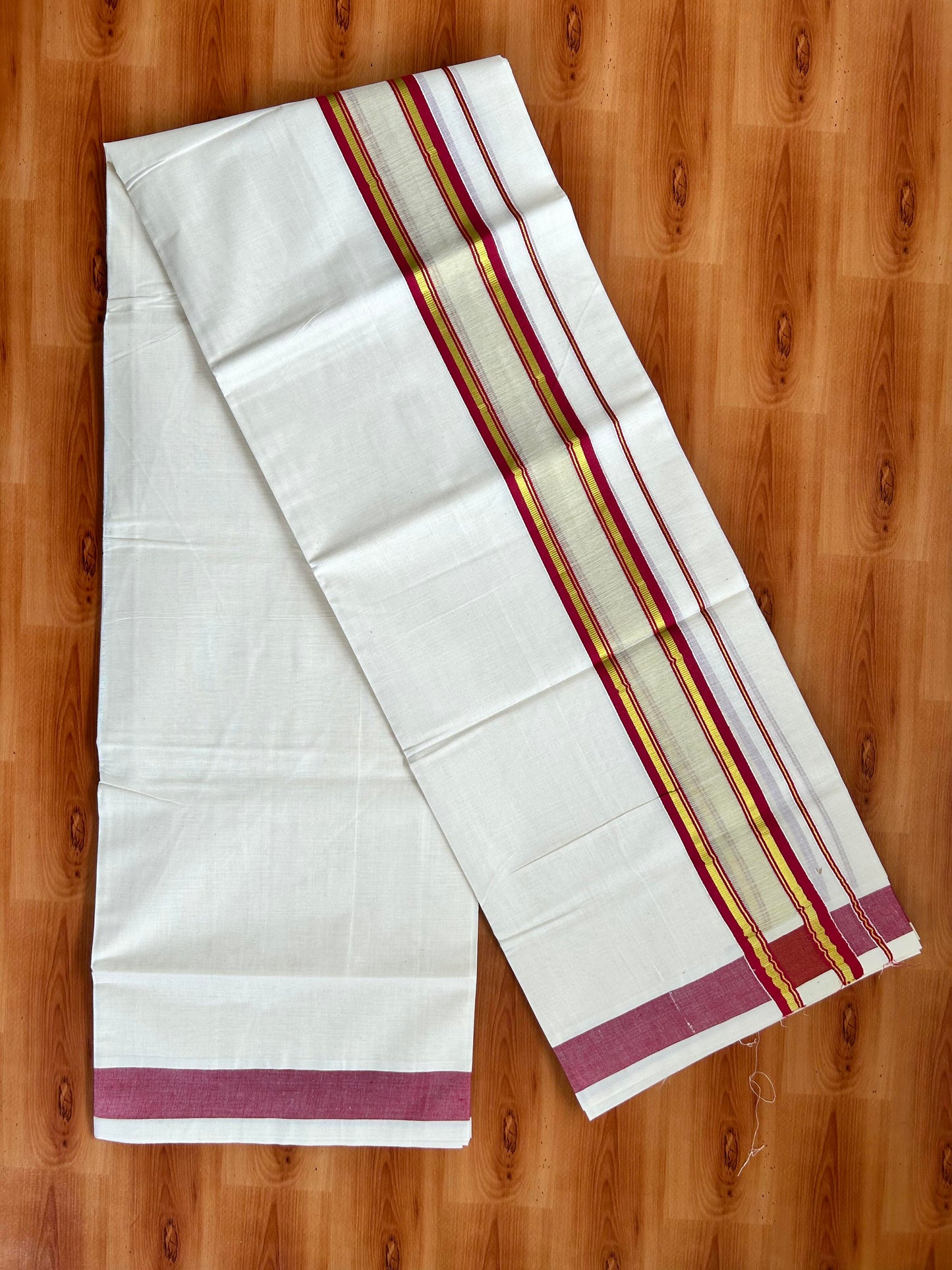 Double Off White - (Unbleached) Mundu/Dhoti - 20% Discount! KaithariKada Balaramapuram Pure Cotton - 80s - 2.25 inch Gold Kasav & Center Tissue Maroon Striped Kara - 4 mtr (8.5 Muzham) - 13 KK5413 GAN