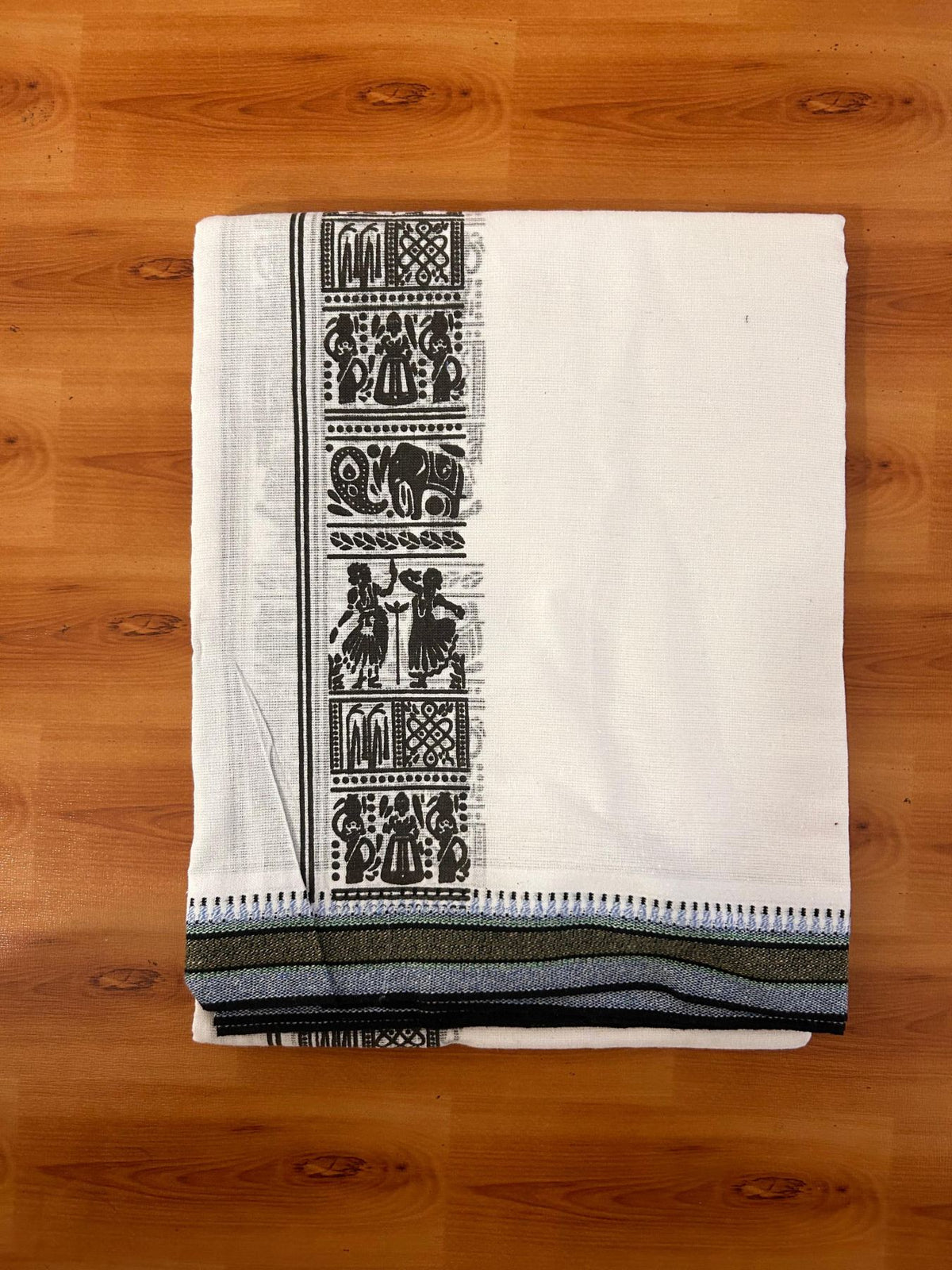 Single Kaily / Lungi - Kaitharikada - Mixed Cotton - 40s twisted - 2.5 inch Ash Black Printed Design Kara With White Colour Body (2 meter / 4 muzham) -  54 KK8088 SAT
