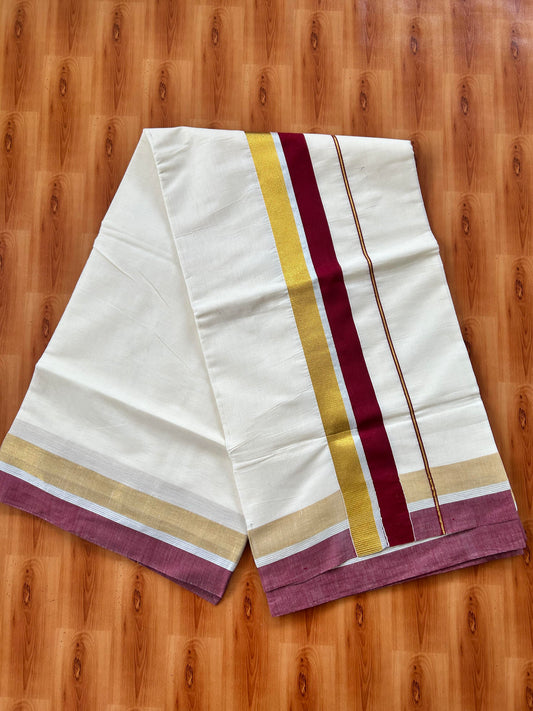 25% Discount! Kaitharikada Kerala Traditional Saree Off white- Mixed Cotton Kasavu Saree - 3.5 Inch  Pallu - Gold Silver Kasav & Maroon Kara - 3 KK7000 PMC