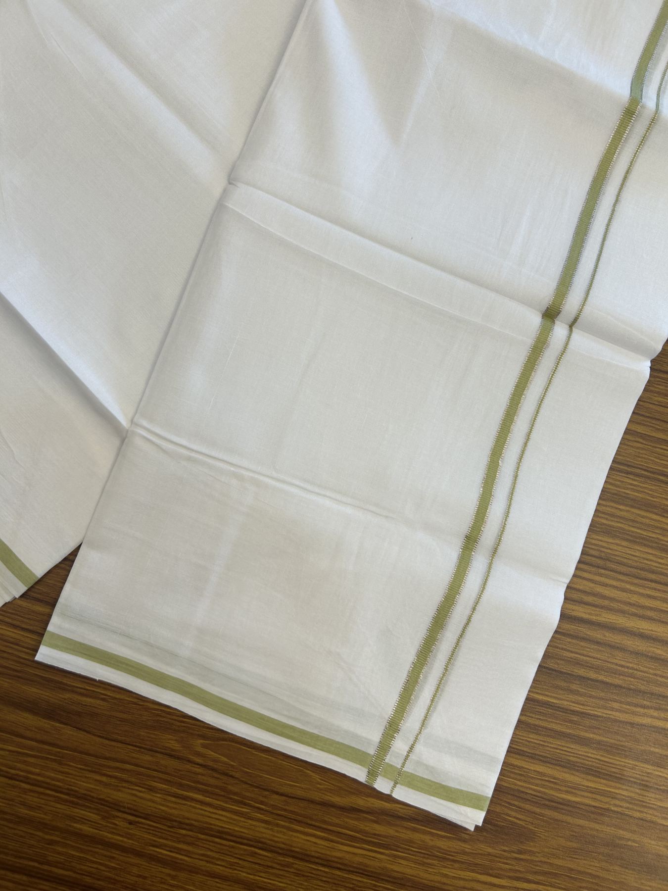 20% Discount! KaithariKada Balaramapuram 100% Cotton Double Pure white Mundu/Dhoti- 100x80 - 0.25 inch Silver Kasav Light Olive Green kara - 3.75 mtr ( 8 muzham) - 13 KK5315 VAS