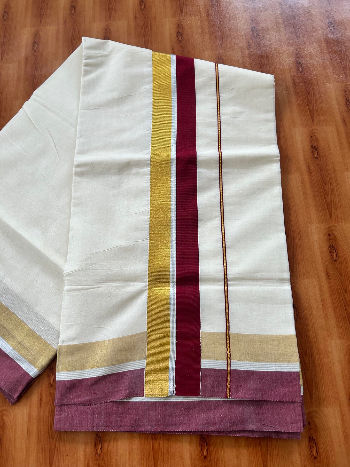 25% Discount! Kaitharikada Kerala Traditional Saree Off white- Mixed Cotton Kasavu Saree - 3.5 Inch  Pallu - Gold Silver Kasav & Maroon Kara - 3 KK7000 PMC