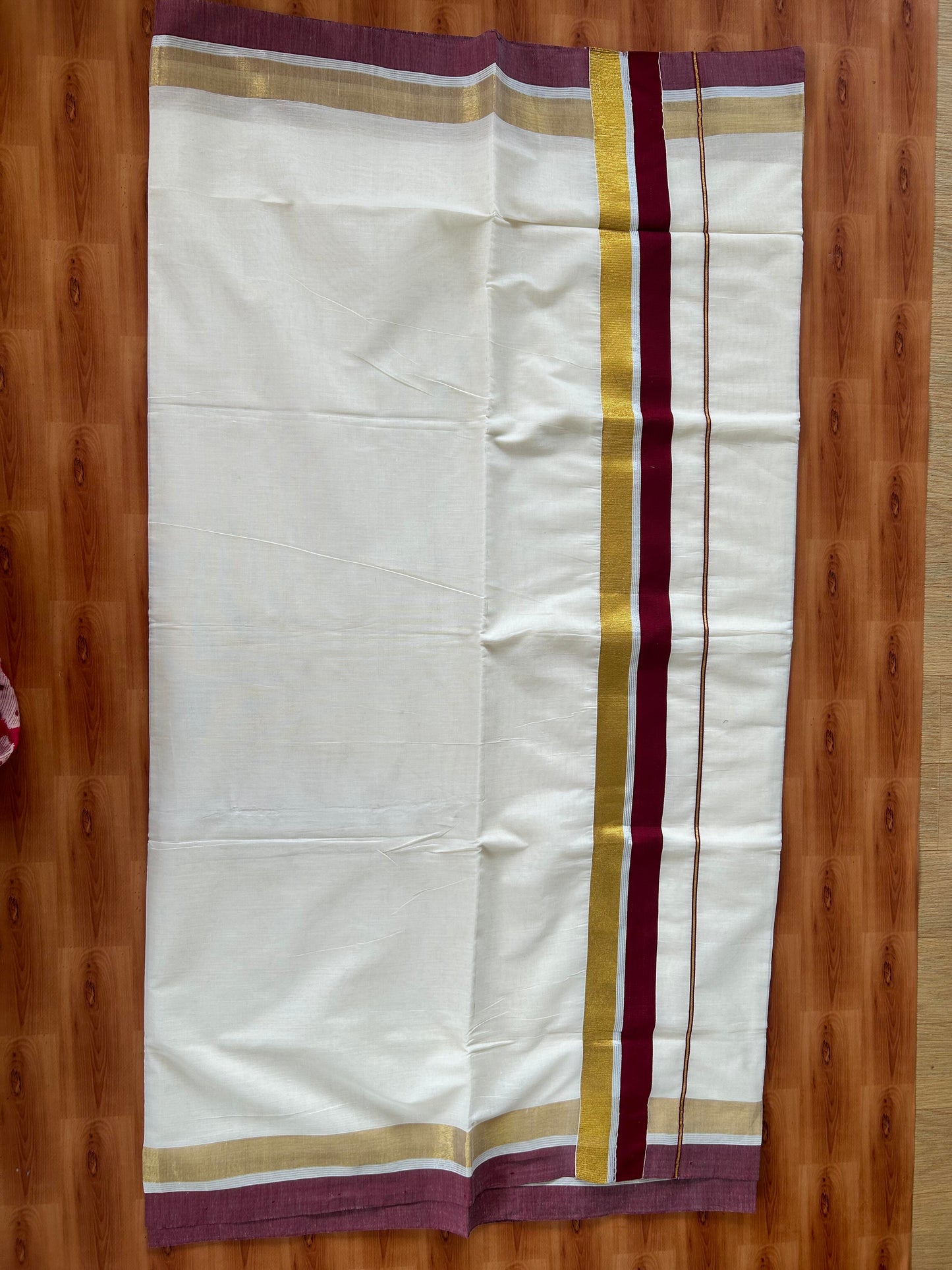 25% Discount! Kaitharikada Kerala Traditional Saree Off white- Mixed Cotton Kasavu Saree - 3.5 Inch  Pallu - Gold Silver Kasav & Maroon Kara - 3 KK7000 PMC