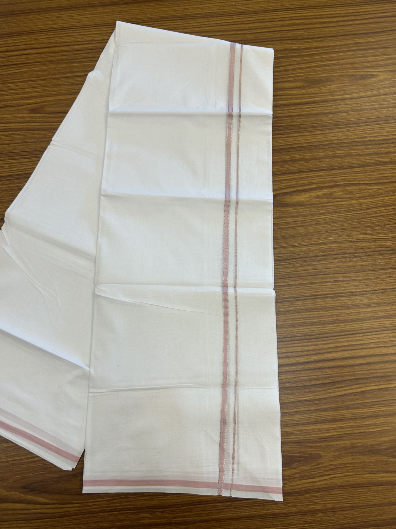 20% Discount! KaithariKada Balaramapuram 100% Cotton Double Pure white Mundu/Dhoti- 100x80 - 0.25 inch Silver Kasav Baby Pink kara - 3.75 mtr ( 8 muzham) - 5 KK5315 VAS