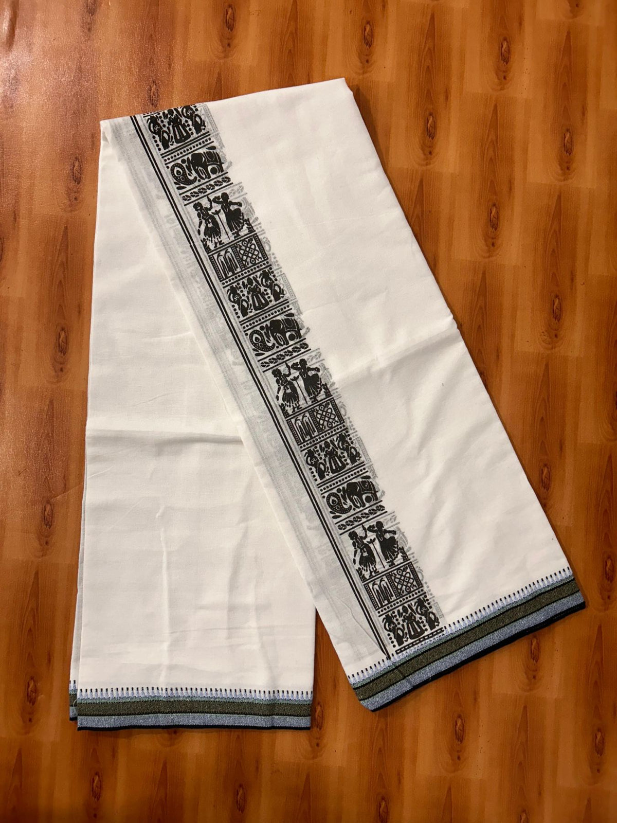 Single Kaily / Lungi - Kaitharikada - Mixed Cotton - 40s twisted - 2.5 inch Ash Black Printed Design Kara With White Colour Body (2 meter / 4 muzham) -  54 KK8088 SAT