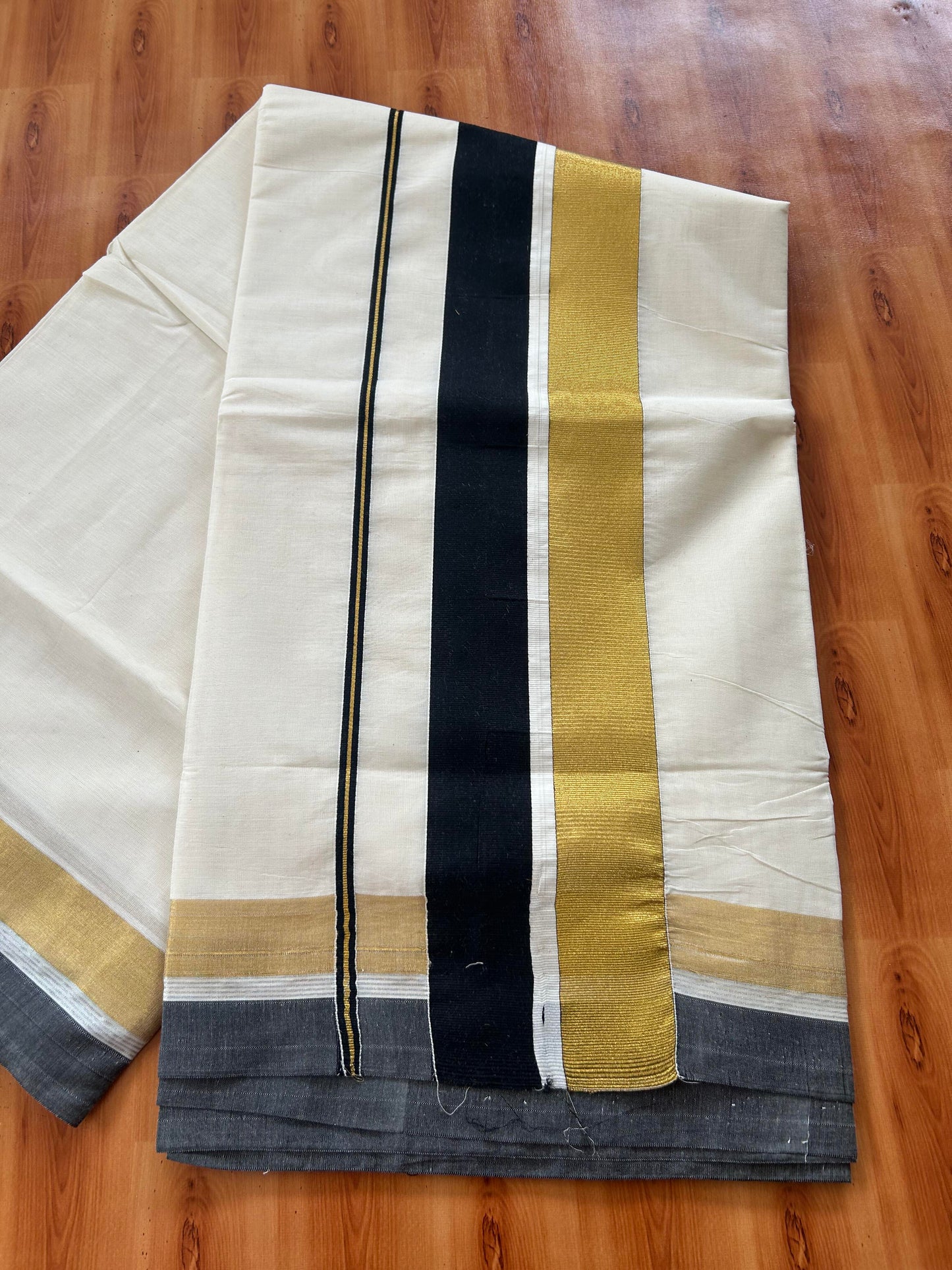 25% Discount! Kaitharikada Kerala Traditional Saree Off white- Mixed Cotton Kasavu Saree - 3.5 Inch  Pallu - Gold Kasav & Black Kara - 4 KK7000 PMC