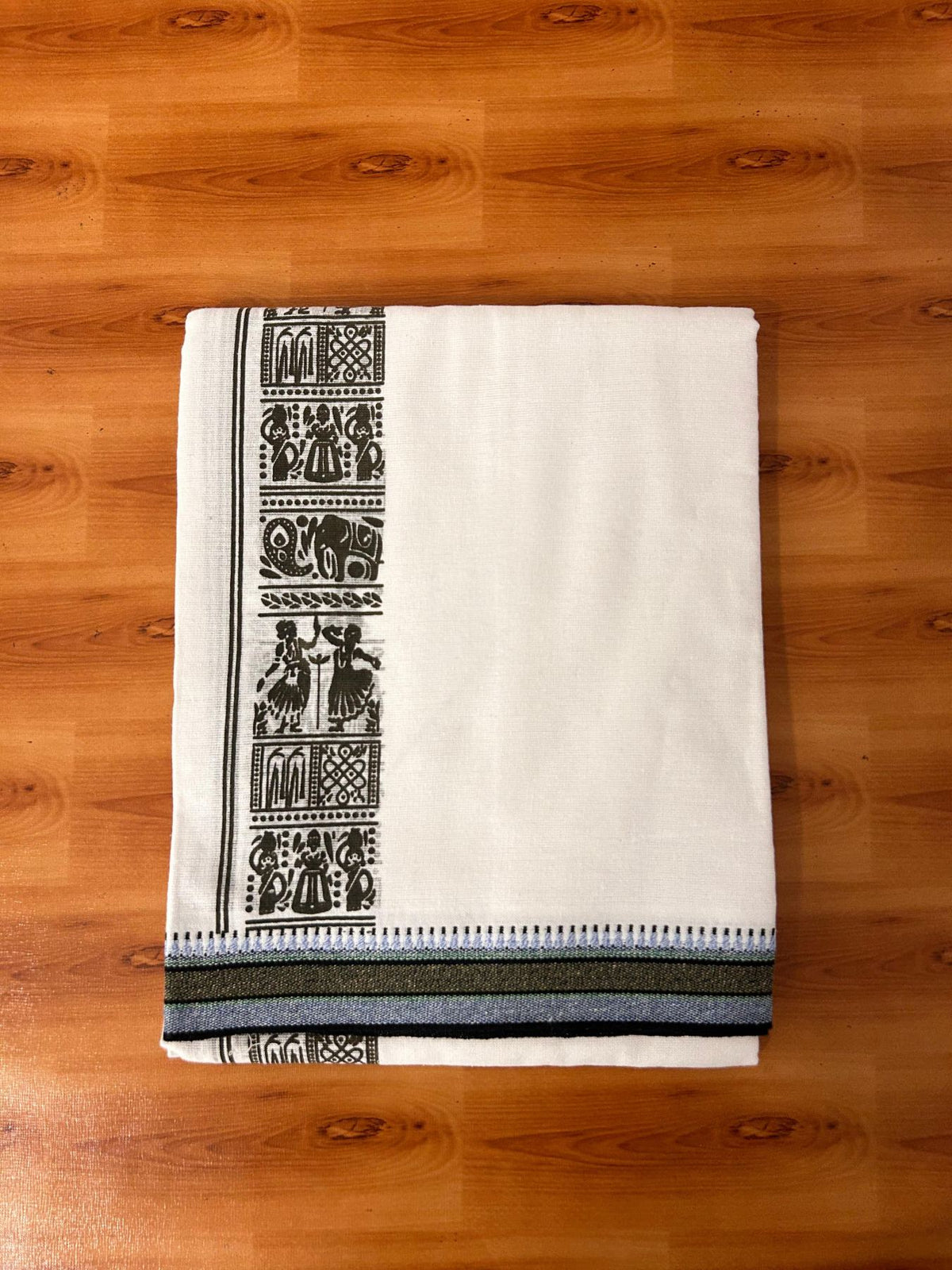 Single Kaily / Lungi - Kaitharikada - Mixed Cotton - 40s twisted - 2.5 inch Sage Green Printed Design Kara With White Colour Body (2 meter / 4 muzham) -  55 KK8088 SAT