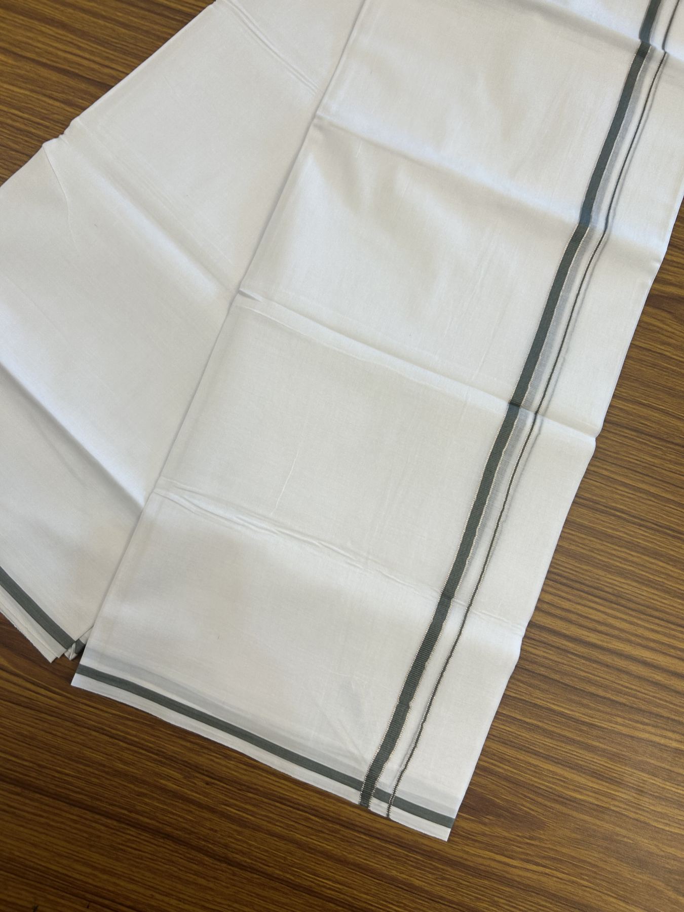 20% Discount! KaithariKada Balaramapuram 100% Cotton Double Pure white Mundu/Dhoti- 100x80 - 0.25 inch Silver Kasav Sage Grey kara - 3.75 mtr ( 8 muzham) - 15 KK5315 VAS