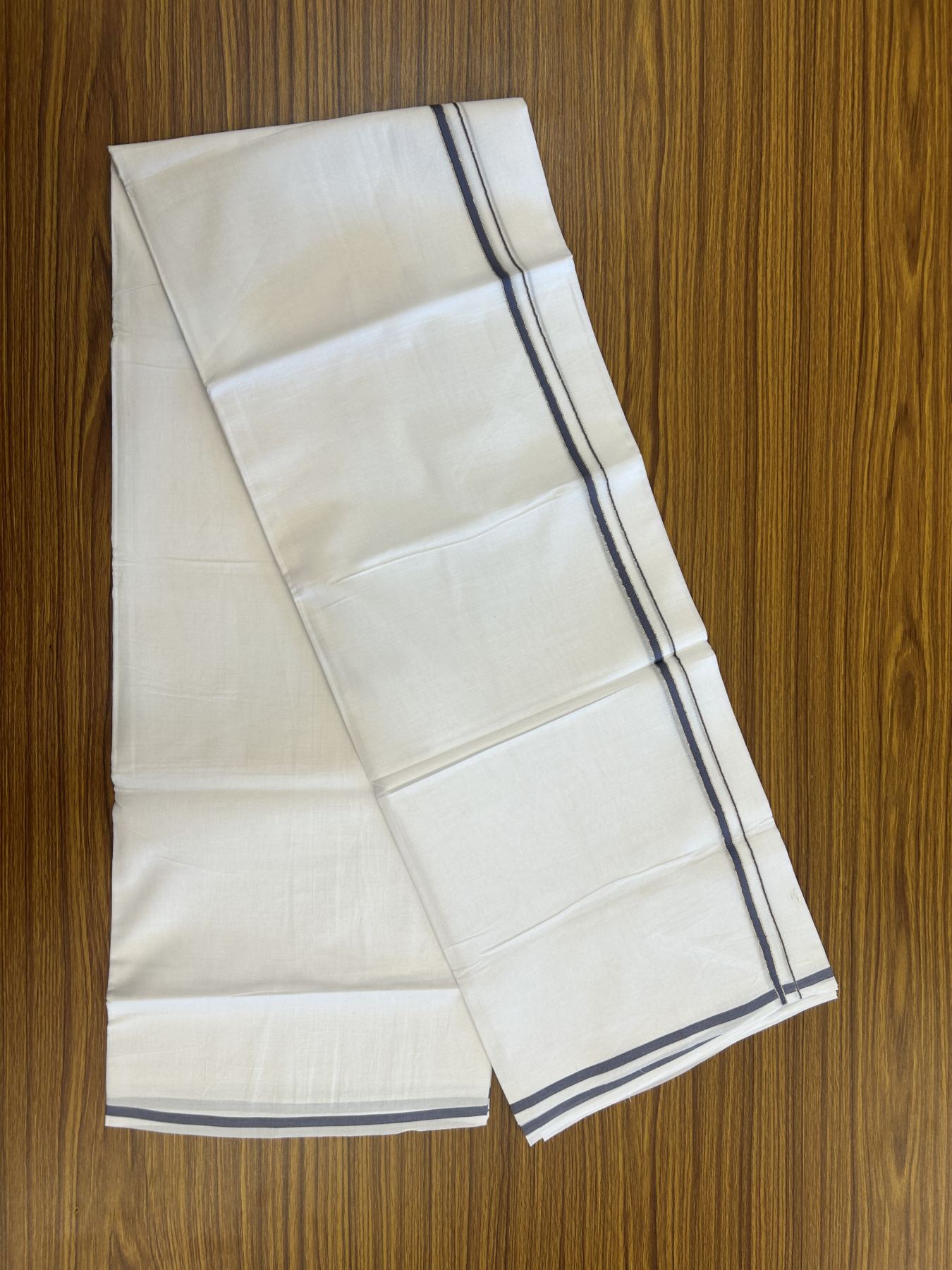 20% Discount! KaithariKada Balaramapuram 100% Cotton Double Pure white Mundu/Dhoti- 100x80 - 0.25 inch Silver Kasav Lavender Blue kara - 3.75 mtr ( 8 muzham) - 3 KK5315 VAS
