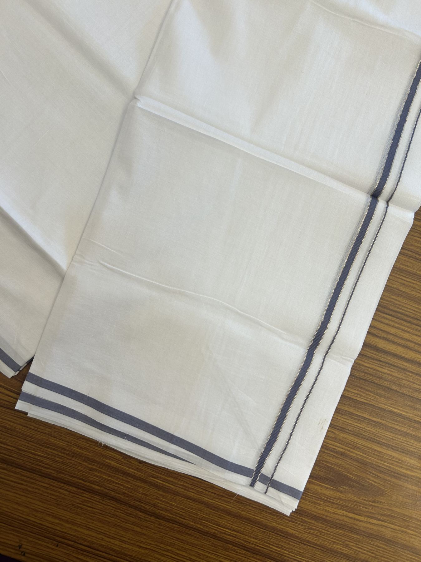 20% Discount! KaithariKada Balaramapuram 100% Cotton Double Pure white Mundu/Dhoti- 100x80 - 0.25 inch Silver Kasav Lavender Blue kara - 3.75 mtr ( 8 muzham) - 3 KK5315 VAS