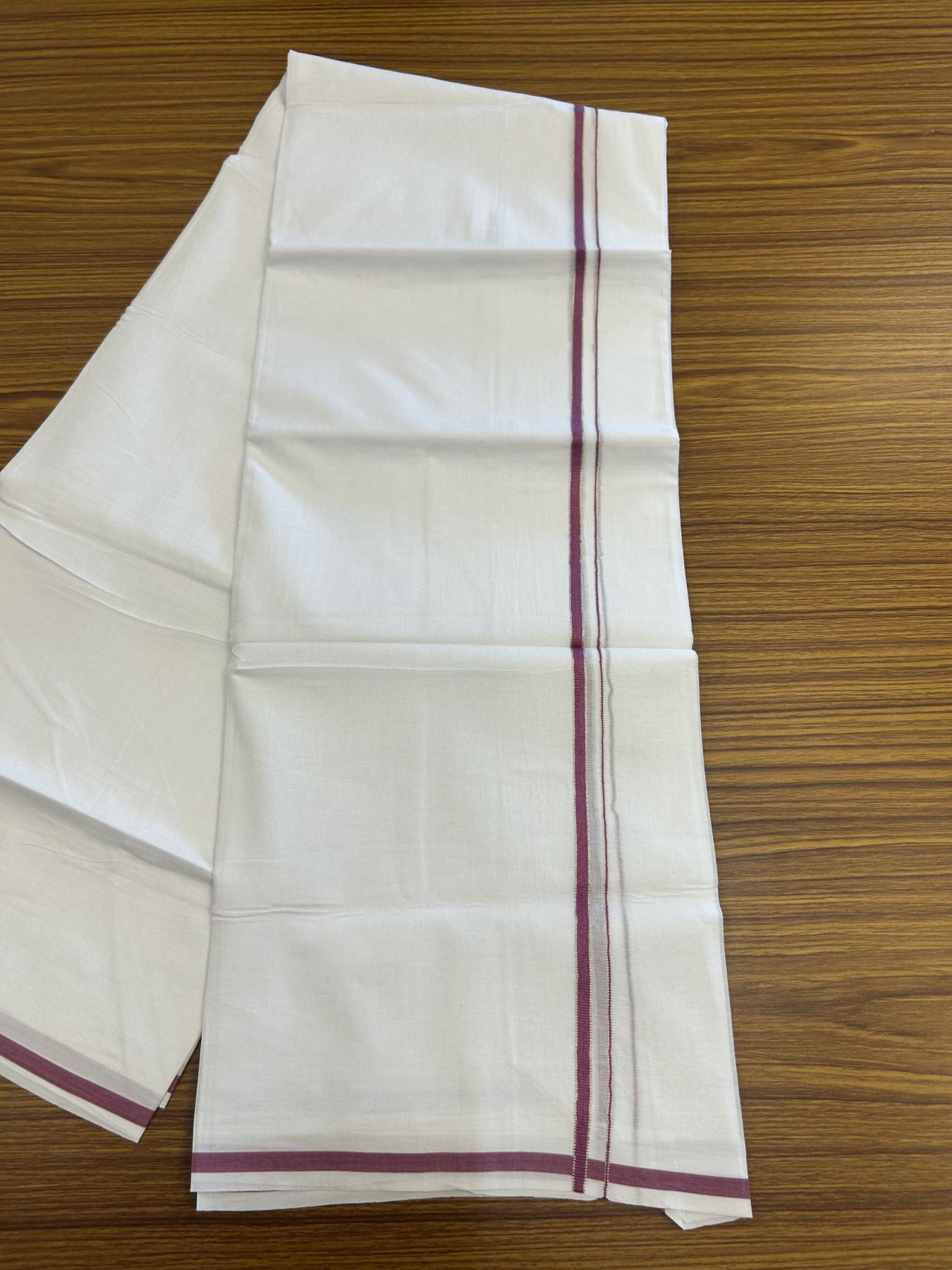 20% Discount! KaithariKada Balaramapuram 100% Cotton Double Pure white Mundu/Dhoti- 100x80 - 0.25 inch Silver Kasav Magenta kara - 3.75 mtr ( 8 muzham) - 6 KK5315 VAS
