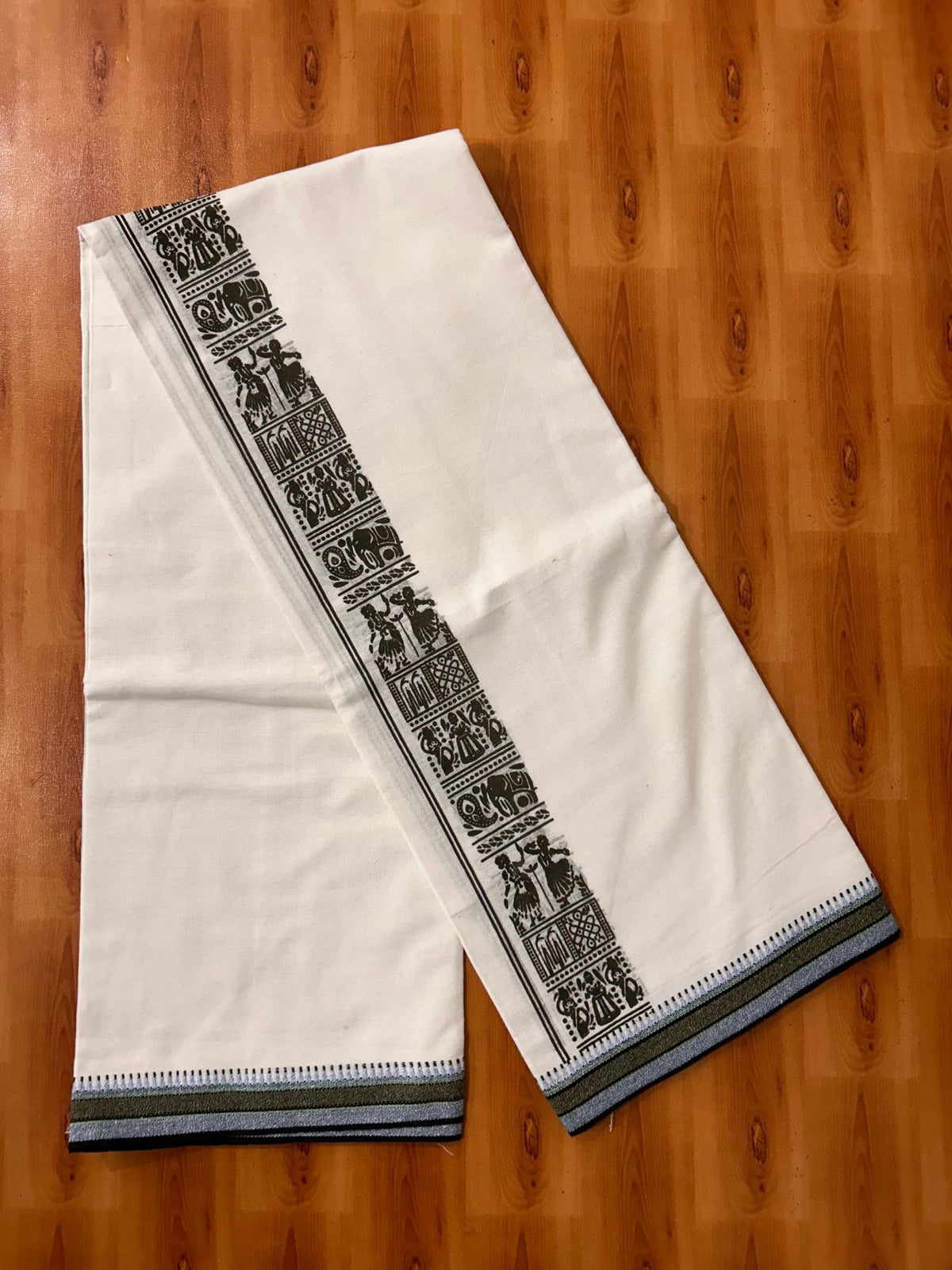 Single Kaily / Lungi - Kaitharikada - Mixed Cotton - 40s twisted - 2.5 inch Sage Green Printed Design Kara With White Colour Body (2 meter / 4 muzham) -  55 KK8088 SAT