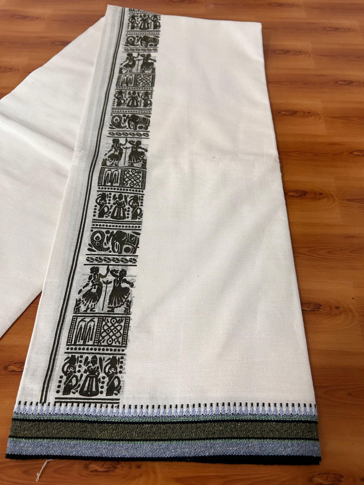 Single Kaily / Lungi - Kaitharikada - Mixed Cotton - 40s twisted - 2.5 inch Sage Green Printed Design Kara With White Colour Body (2 meter / 4 muzham) -  55 KK8088 SAT