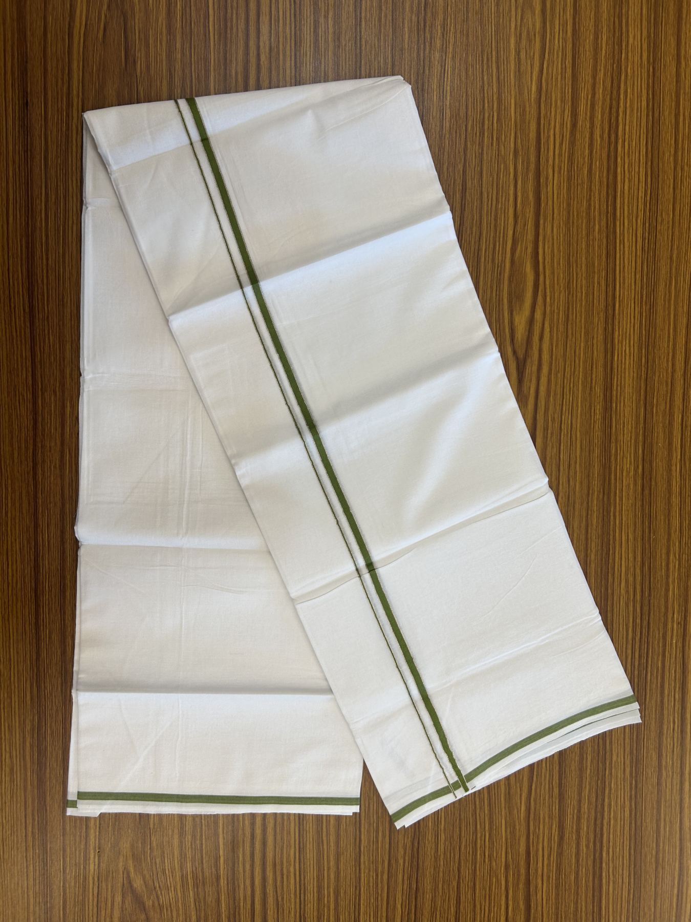 20% Discount! KaithariKada Balaramapuram 100% Cotton Double Pure white Mundu/Dhoti- 100x80 - 0.25 inch Silver Kasav Olive Green kara - 3.75 mtr ( 8 muzham) - 14 KK5315 VAS