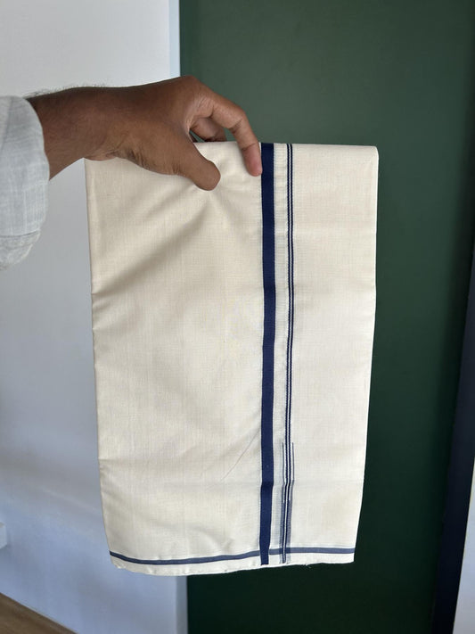 25% Discount!! KaithariKada Handloom Millpaav - Kerala Handloom - 100% Pure Cotton Off White Double Mundu/Dothi - (Unbleached) - 80x90 - 0.5 Inch Navy Blue Puliyilakkara chutty 4 mtr (8.5 Muzham) - 59 KK5383 RAM