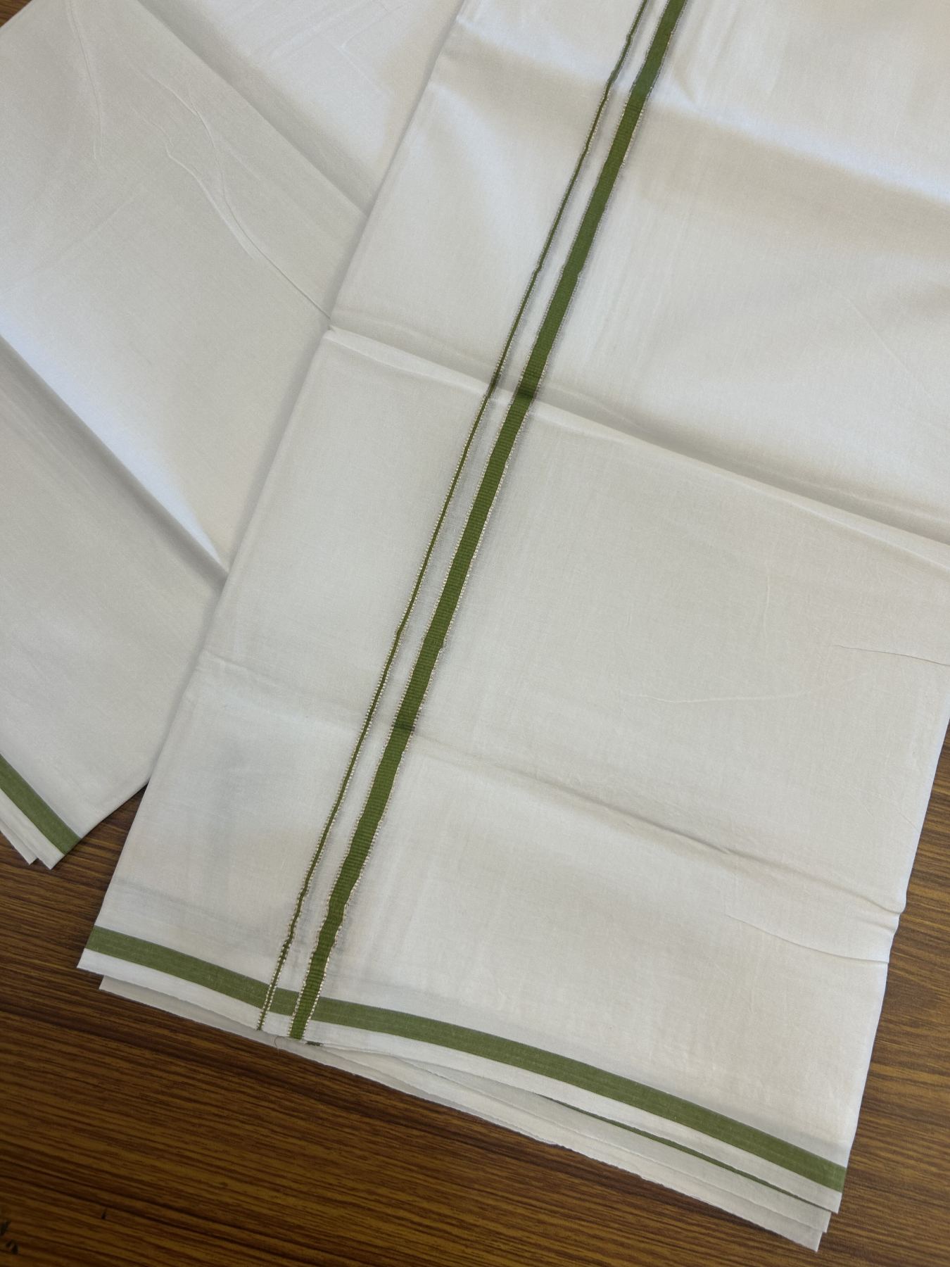 20% Discount! KaithariKada Balaramapuram 100% Cotton Double Pure white Mundu/Dhoti- 100x80 - 0.25 inch Silver Kasav Olive Green kara - 3.75 mtr ( 8 muzham) - 14 KK5315 VAS