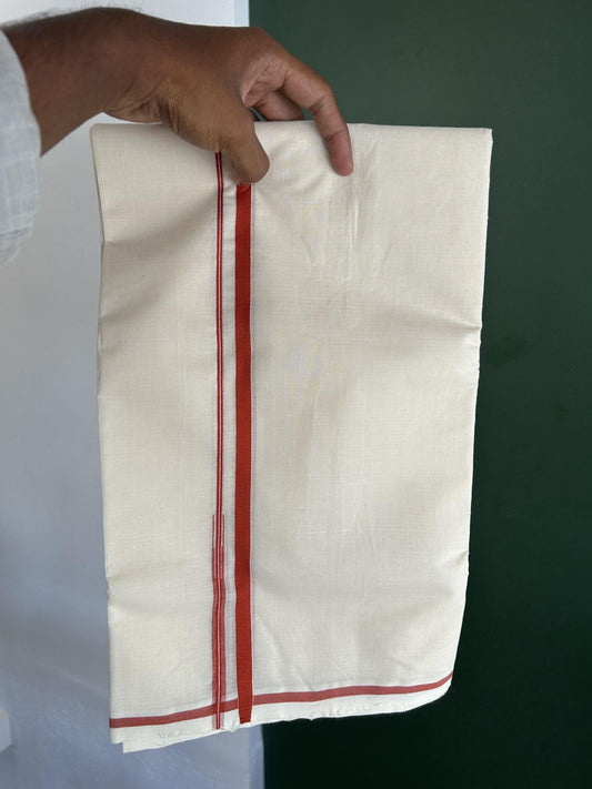 25% Discount!! KaithariKada Handloom Millpaav - Kerala Handloom - 100% Pure Cotton Off White Double Mundu/Dothi - (Unbleached) - 80x90 - 0.5 Inch Burnt Orange Puliyilakkara chutty 4 mtr (8.5 Muzham) - 60 KK5383 RAM