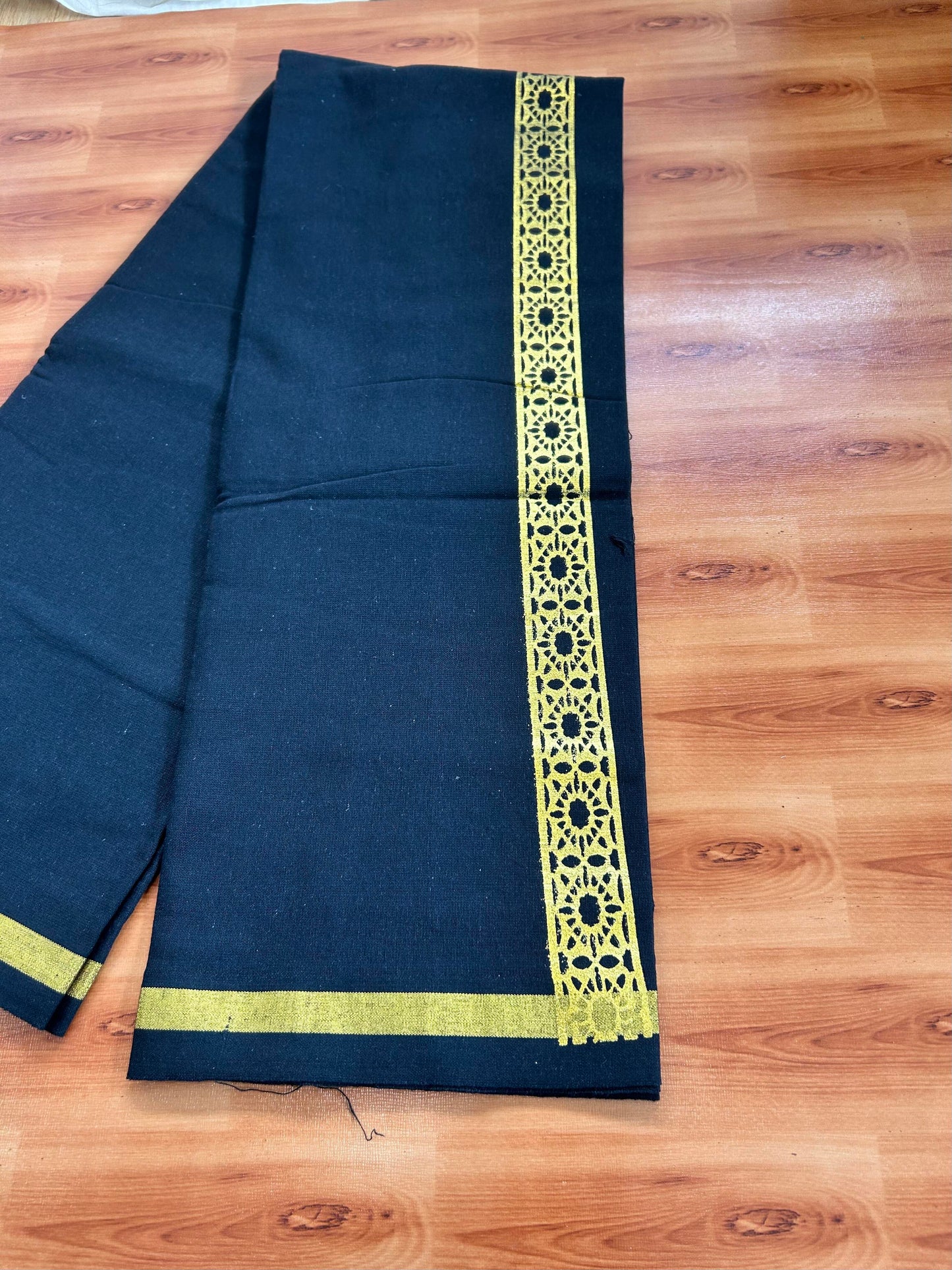 Kaitharikada - Single Kaily / Lungi - Mixed Cotton - 40s twisted - 1.5 inch Light Gold Kasav Printed Design Kara with Black colour body (2 meter / 4 muzham) - 32 KK8058 GAN