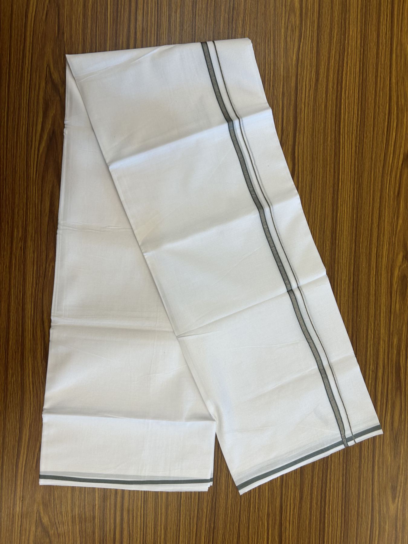 20% Discount! KaithariKada Balaramapuram 100% Cotton Double Pure white Mundu/Dhoti- 100x80 - 0.25 inch Sage Grey & Silver Kasav striped kara - 3.75 mtr ( 8 muzham) - 16 KK5315 VAS