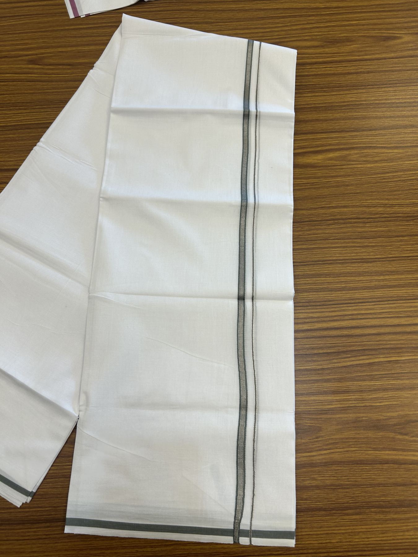 20% Discount! KaithariKada Balaramapuram 100% Cotton Double Pure white Mundu/Dhoti- 100x80 - 0.25 inch Sage Grey & Silver Kasav striped kara - 3.75 mtr ( 8 muzham) - 16 KK5315 VAS