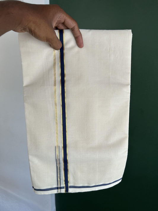25% Discount!! KaithariKada Handloom Millpaav - Kerala Handloom - 100% Pure Cotton Off White Double Mundu/Dothi - (Unbleached) - 80x90 - 0.5 Inch Gold Kasav Solid Navy Blue Puliyilakkara chutty 4 mtr (8.5 Muzham) - 58 KK5383 RAM