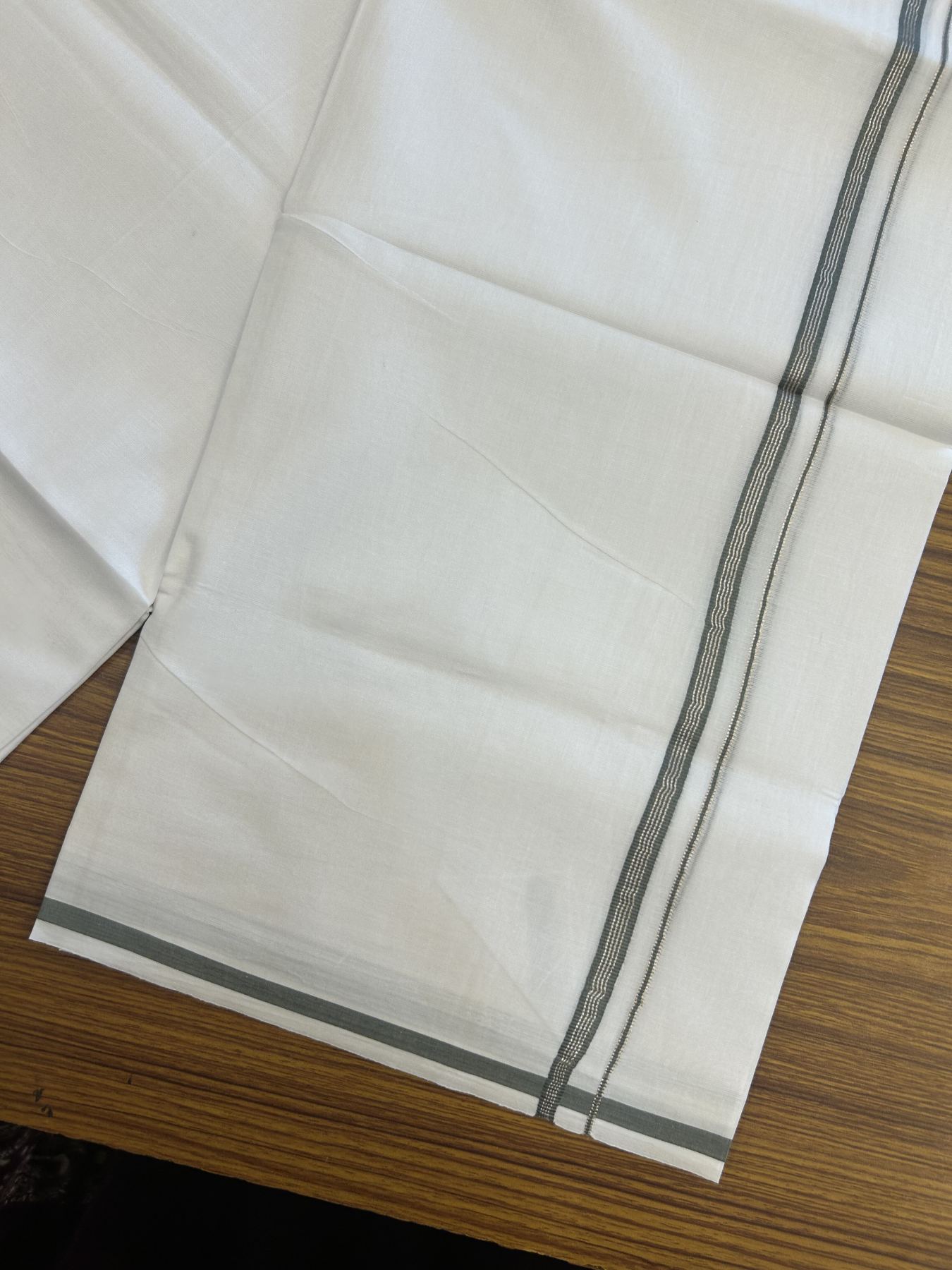 20% Discount! KaithariKada Balaramapuram 100% Cotton Double Pure white Mundu/Dhoti- 100x80 - 0.25 inch Sage Grey & Silver Kasav striped kara - 3.75 mtr ( 8 muzham) - 16 KK5315 VAS