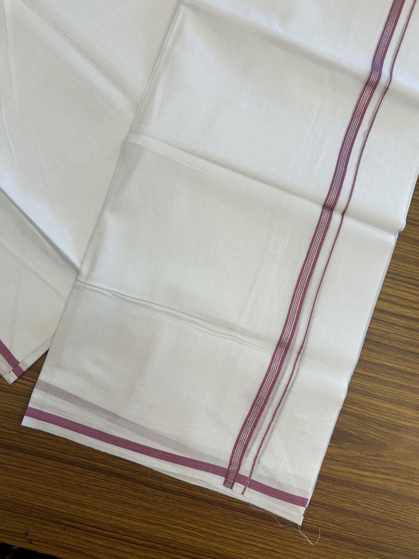 20% Discount! KaithariKada Balaramapuram 100% Cotton Double Pure white Mundu/Dhoti- 100x80 - 0.25 inch Magenta & Silver Kasav striped kara - 3.75 mtr ( 8 muzham) - 17 KK5315 VAS