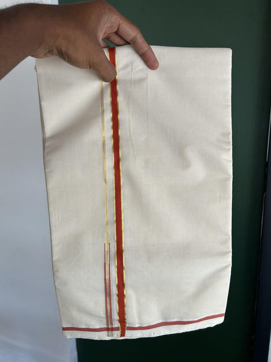 25% Discount!! KaithariKada Handloom Millpaav - Kerala Handloom - 100% Pure Cotton Off White Double Mundu/Dothi - (Unbleached) - 80x90 - 0.5 Inch Gold Kasav Burnt Orange Puliyilakkara chutty 4 mtr (8.5 Muzham) - 56 KK5383 RAM