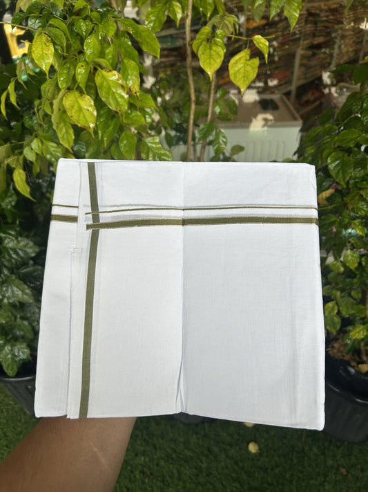 20% Discount! KaithariKada Balaramapuram 100% Cotton Double Pure white Mundu/Dhoti- 100x80 - 0.25 inch Silver Kasav Olive Green kara - 3.75 mtr ( 8 muzham) - 4 KK5315 VAS