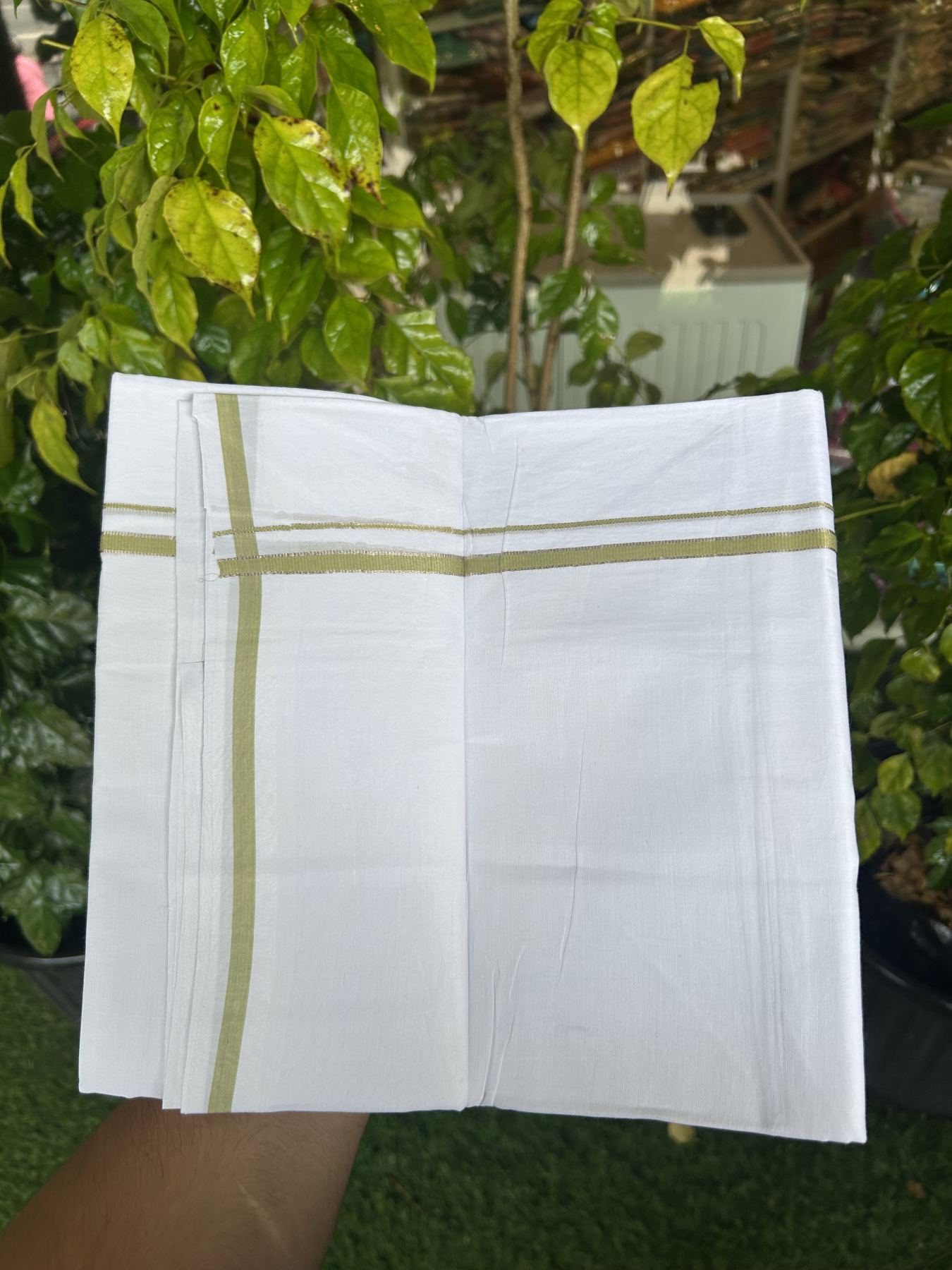 20% Discount! KaithariKada Balaramapuram 100% Cotton Double Pure white Mundu/Dhoti- 100x80 - 0.25 inch Silver Kasav Light Olive Green kara - 3.75 mtr ( 8 muzham) - 13 KK5315 VAS