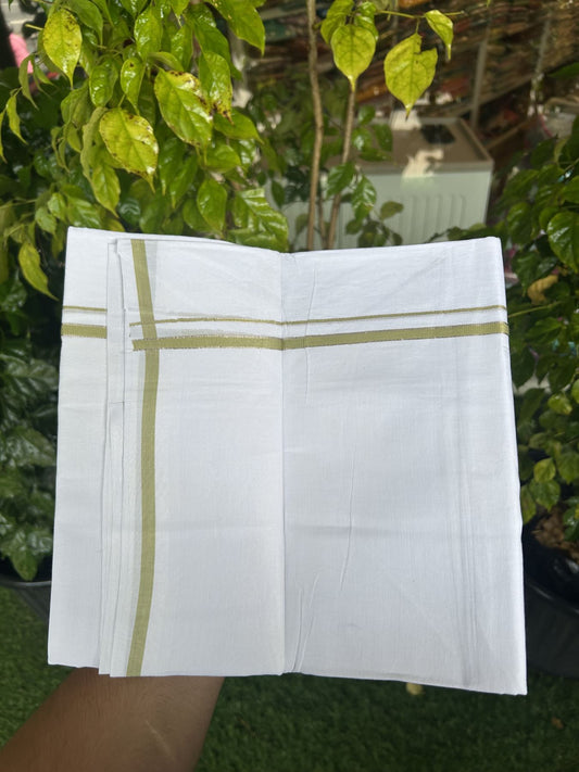 20% Discount! KaithariKada Balaramapuram 100% Cotton Double Pure white Mundu/Dhoti- 100x80 - 0.25 inch Silver Kasav Light Olive Green kara - 3.75 mtr ( 8 muzham) - 13 KK5315 VAS