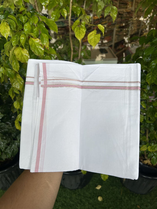 20% Discount! KaithariKada Balaramapuram 100% Cotton Double Pure white Mundu/Dhoti- 100x80 - 0.25 inch Silver Kasav Baby Pink kara - 3.75 mtr ( 8 muzham) - 5 KK5315 VAS