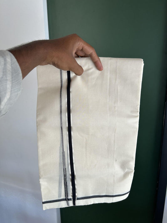 25% Discount!! KaithariKada Handloom Millpaav - Kerala Handloom - 100% Pure Cotton Off White Double Mundu/Dothi - (Unbleached) - 80x90 - 0.5 Inch Silver Kasav Black Puliyilakkara chutty 4 mtr (8.5 Muzham) - 53 KK5383 RAM