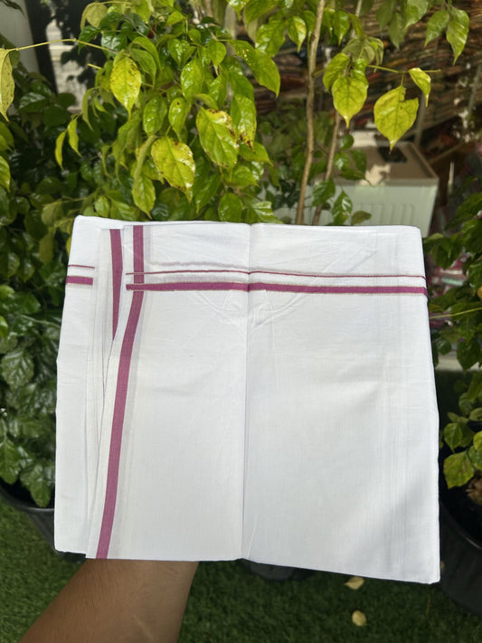 20% Discount! KaithariKada Balaramapuram 100% Cotton Double Pure white Mundu/Dhoti- 100x80 - 0.25 inch Silver Kasav Magenta kara - 3.75 mtr ( 8 muzham) - 6 KK5315 VAS