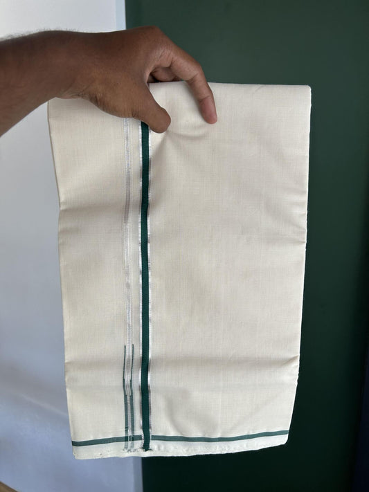 25% Discount!! KaithariKada Handloom Millpaav - Kerala Handloom - 100% Pure Cotton Off White Double Mundu/Dothi - (Unbleached) - 80x90 - 0.5 Inch Silver Kasav Green Puliyilakkara chutty 4 mtr (8.5 Muzham) - 52 KK5383 RAM