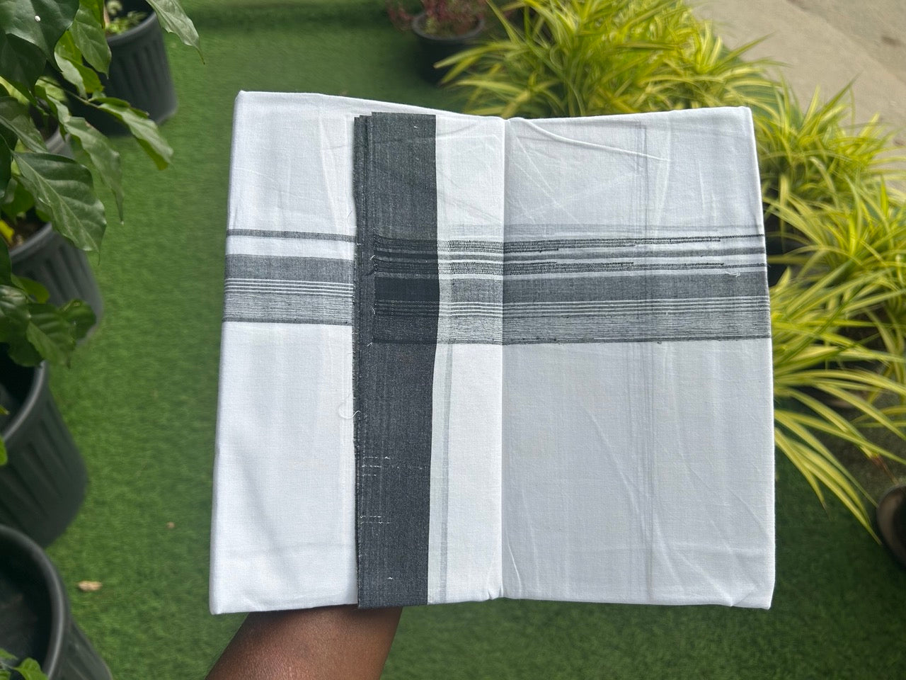 25% DISCOUNT!!! KaithariKada Balaramapuram 100% Cotton Double PURE white Mundu/Dhoti - 80X80 - 1.25 Inch Black & white shaded Centre stripes Chutty kara - 19KK5108GAN