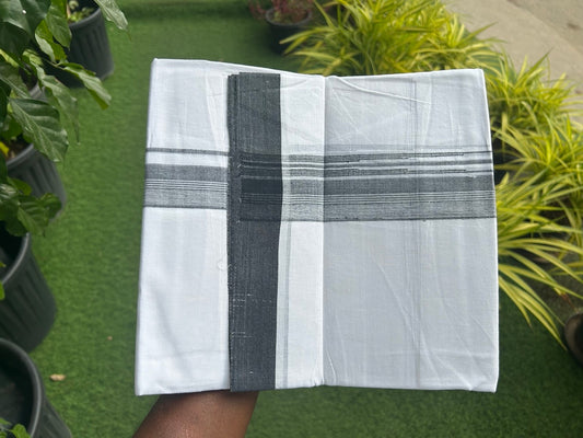 25% DISCOUNT!!! KaithariKada Balaramapuram 100% Cotton Double PURE white Mundu/Dhoti - 80X80 - 1.25 Inch Black & white shaded Centre stripes Chutty kara - 19KK5108GAN