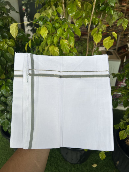 20% Discount! KaithariKada Balaramapuram 100% Cotton Double Pure white Mundu/Dhoti- 100x80 - 0.25 inch Silver Kasav Sage Grey kara - 3.75 mtr ( 8 muzham) - 15 KK5315 VAS