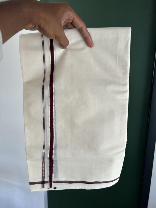 25% Discount!! KaithariKada Handloom Millpaav - Kerala Handloom - 100% Pure Cotton Off White Double Mundu/Dothi - (Unbleached) - 80x90 - 0.5 Inch Silver Kasav Dark Maroon Puliyilakkara chutty 4 mtr (8.5 Muzham) - 51 KK5383 RAM