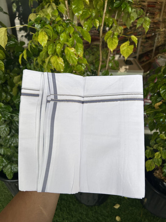20% Discount! KaithariKada Balaramapuram 100% Cotton Double Pure white Mundu/Dhoti- 100x80 - 0.25 inch Silver Kasav Lavender Blue kara - 3.75 mtr ( 8 muzham) - 3 KK5315 VAS