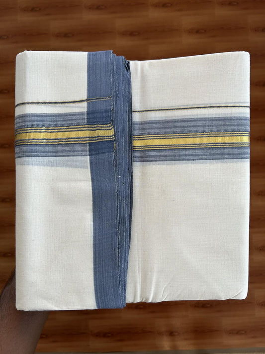 25% Discount! KaithariKada Handloom Millpaav - Kerala Handloom - Cotton Double Mundu/Dhoti Off white (Unbleached) - 80x90 - 1.75 inch Gold Kasav & Ash Blue Stripes Kara 4.50 meter (10 Muzham) - 99 KK5383 RAM