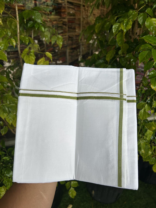 20% Discount! KaithariKada Balaramapuram 100% Cotton Double Pure white Mundu/Dhoti- 100x80 - 0.25 inch Silver Kasav Olive Green kara - 3.75 mtr ( 8 muzham) - 14 KK5315 VAS