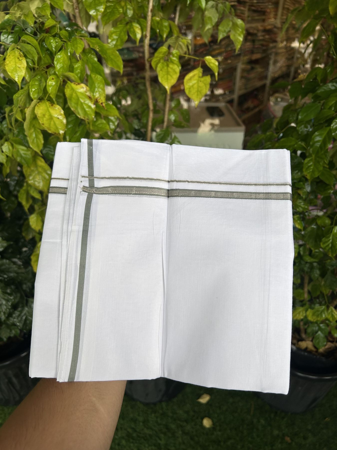 20% Discount! KaithariKada Balaramapuram 100% Cotton Double Pure white Mundu/Dhoti- 100x80 - 0.25 inch Sage Grey & Silver Kasav striped kara - 3.75 mtr ( 8 muzham) - 16 KK5315 VAS