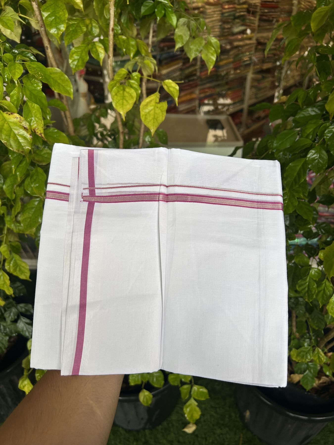 20% Discount! KaithariKada Balaramapuram 100% Cotton Double Pure white Mundu/Dhoti- 100x80 - 0.25 inch Magenta & Silver Kasav striped kara - 3.75 mtr ( 8 muzham) - 17 KK5315 VAS