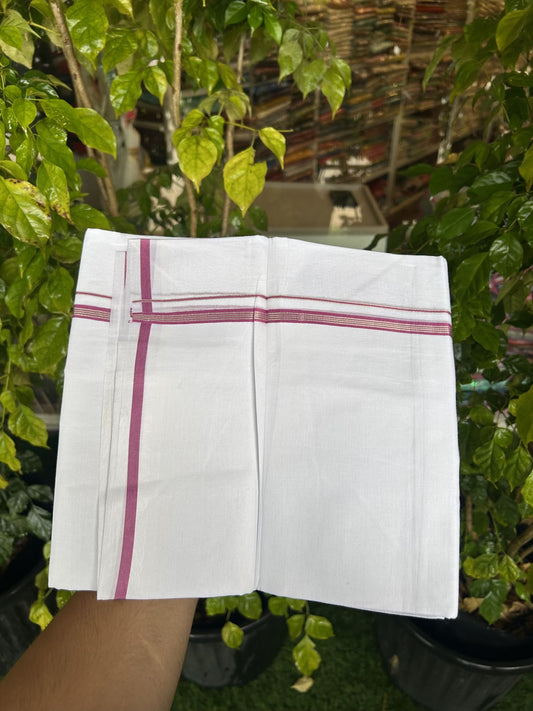 20% Discount! KaithariKada Balaramapuram 100% Cotton Double Pure white Mundu/Dhoti- 100x80 - 0.25 inch Magenta & Silver Kasav striped kara - 3.75 mtr ( 8 muzham) - 17 KK5315 VAS