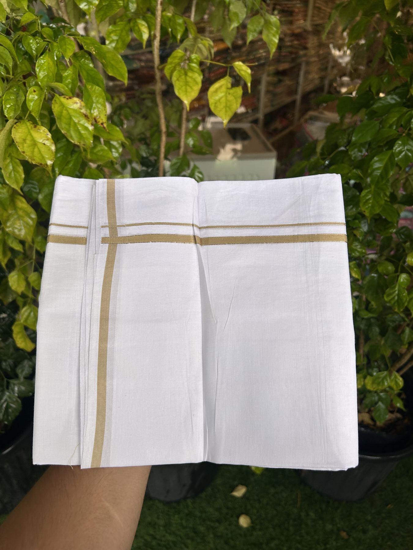 20% Discount! KaithariKada Balaramapuram 100% Cotton Double Pure white Mundu/Dhoti- 100x80 - 0.25 inch Silver Kasav Pastel Olive Green kara - 3.75 mtr ( 8 muzham) - 12 KK5315 VAS