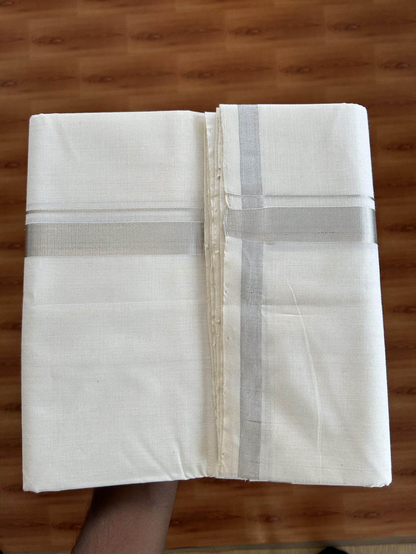 25% Discount! KaithariKada Handloom Millpaav - Kerala Handloom - Cotton Double Mundu/Dhoti Off white (Unbleached) - 80x90 - 1 inch Silver Kasav Kara 4.50 meter (10 Muzham) - 94 KK5383 RAM
