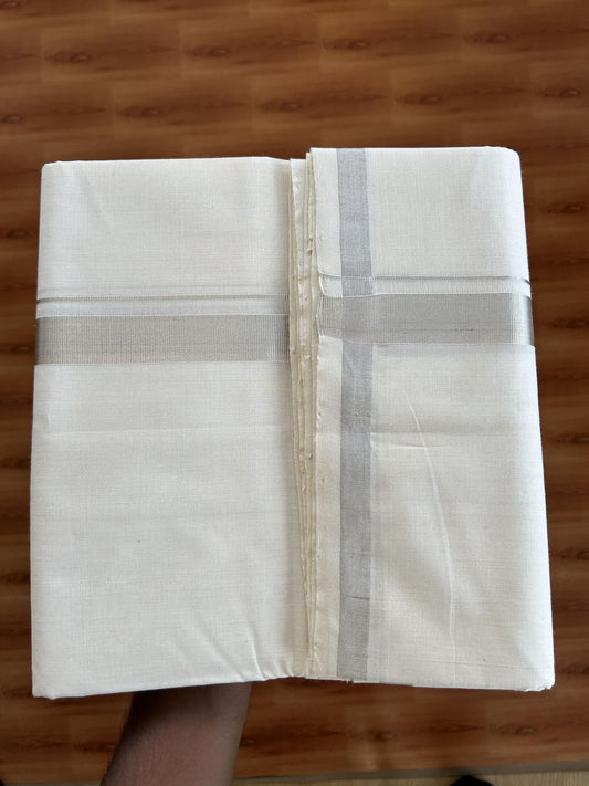25% Discount! KaithariKada Handloom Millpaav - Kerala Handloom - Cotton Double Mundu/Dhoti Off white (Unbleached) - 80x90 - 1 inch Silver Kasav Kara 4.50 meter (10 Muzham) - 94 KK5383 RAM