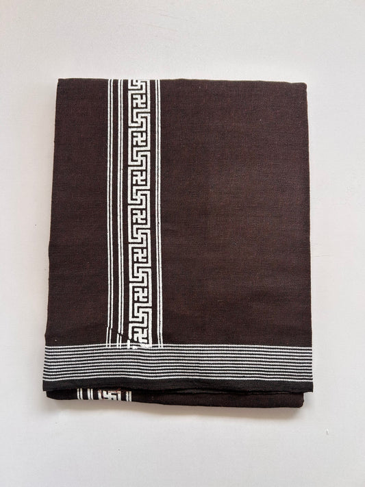 Single Kaily / Lungi - Kaitharikada - Mixed Cotton - 2/40s twisted - 2 inch White Printed Design Kara Coffee Brown & Ash Black Colour Body (2 meter / 4 muzham) - 81 KK8090 SAT