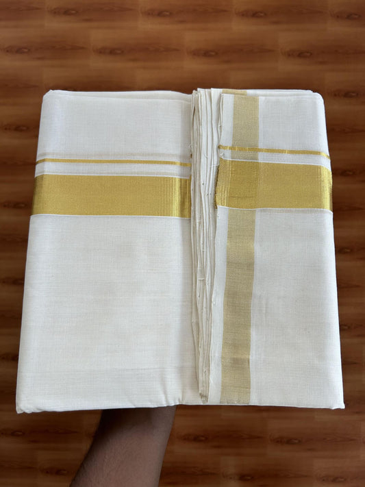 25% Discount! KaithariKada Handloom Millpaav - Kerala Handloom - Cotton Double Mundu/Dhoti Off white (Unbleached) - 80x90 - 1.5 inch Gold Kasav Kara 4.50 meter (10 Muzham) - 95 KK5383 RAM