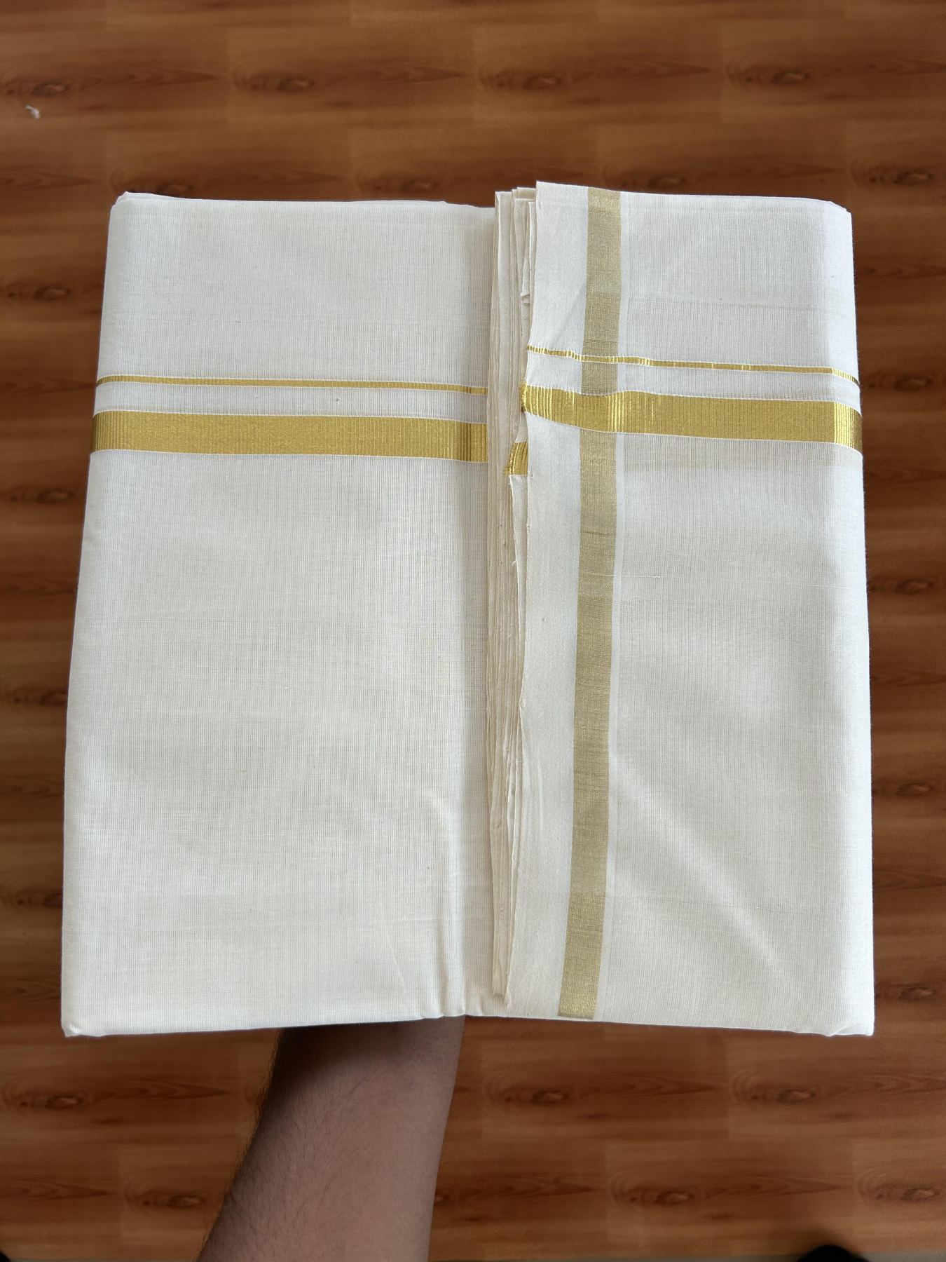 25% Discount! KaithariKada Handloom Millpaav - Kerala Handloom - Cotton Double Mundu/Dhoti Off white (Unbleached) - 80x90 -0.5 inch Gold Kasav Kara 4.50 meter (10 Muzham) - 96 KK5383 RAM